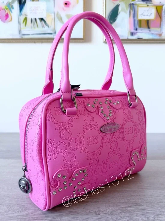 ED HARDY Pink Barrel Crossbody Satchel w/ Crystal Accents - Picture 4 of 8